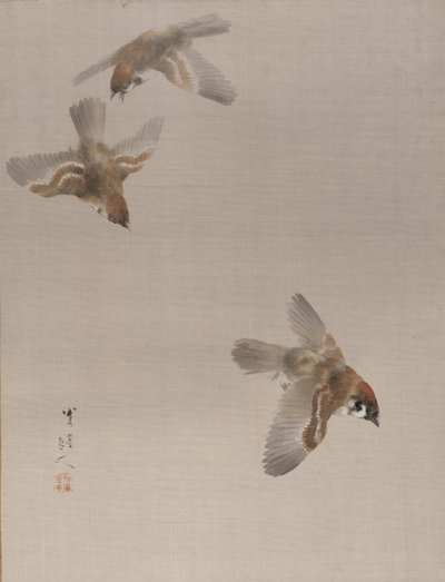 Gorriones volando, ca. 1887 de Watanabe Seitei