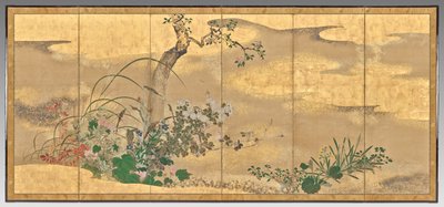 Flores y árboles de las cuatro estaciones (pantalla izquierda) de Watanabe Shiko
