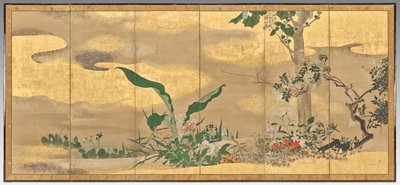 Flores y árboles de las cuatro estaciones (pantalla derecha) de Watanabe Shiko