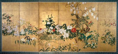 Biombo con flores de primavera y verano, principios del siglo XVIII de Watanabe Shiko