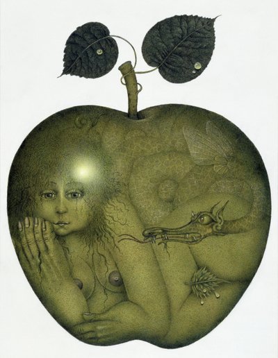 Manzana y Eva y Serpiente (lápiz y lápiz de color sobre papel) de Wayne Anderson