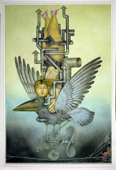 Chica en equilibrio sobre pájaro mecánico en la cuerda floja (lápiz y lápiz de color sobre papel) de Wayne Anderson