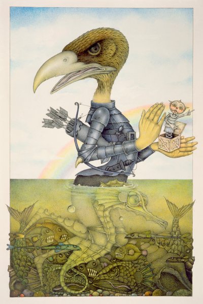 Ave con armadura sobre caballito de mar (lápiz y lápiz de color sobre papel) (par de 150071) de Wayne Anderson