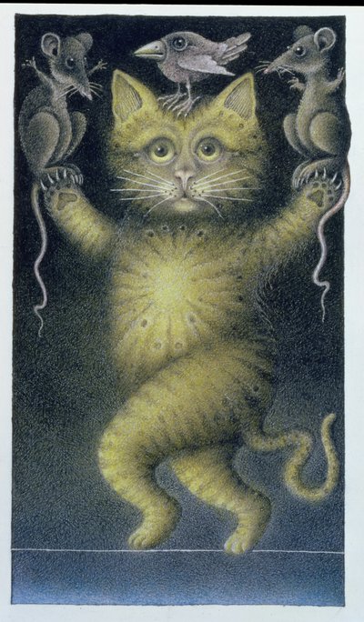 Gato en la cuerda floja, en equilibrio con pájaro y ratones (lápiz y lápiz de color sobre papel) de Wayne Anderson