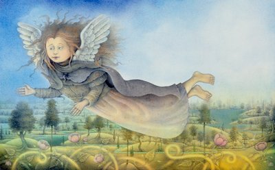 Hada voladora sobre paisaje (lápiz y lápiz de color sobre papel) de Wayne Anderson