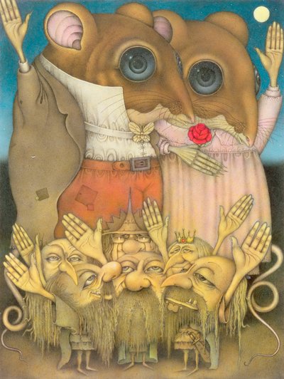 Pareja de ratones y enanos saludando (lápiz y lápiz de color sobre papel) de Wayne Anderson