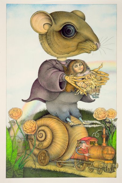 Ratón y muñeca en un tren caracol (papel a lápiz y lápices de colores) (par de 150078) de Wayne Anderson