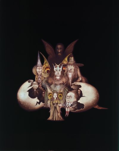 Personajes del otro mundo saliendo del huevo o El nacimiento del país de las hadas (lápiz y lápiz de color sobre papel) de Wayne Anderson