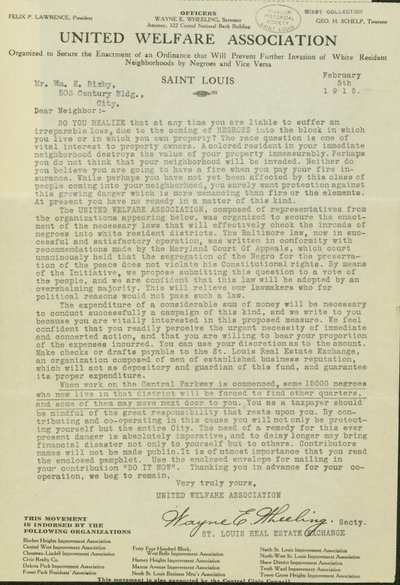 Carta de Wayne E. Wheeling, Asociación de Bienestar Unida, a Querido Vecino, 5 de febrero de 1915 de Wayne E. Wheeling