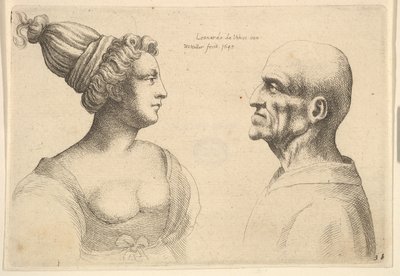Una mujer con el cabello recogido y un hombre calvo enfrentándose, 1645 de Wenceslaus Hollar