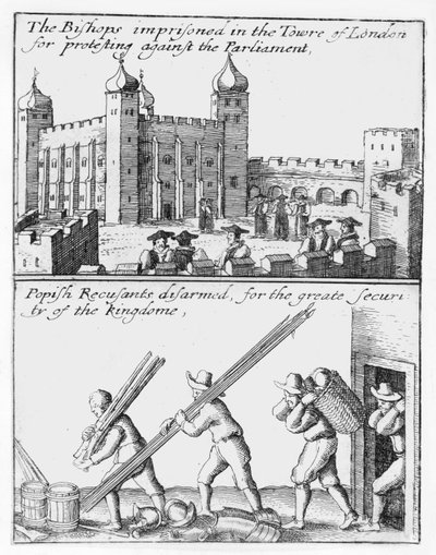 Obispos encarcelados en la Torre de Londres; Recusantes papistas desarmados de Wenceslaus Hollar