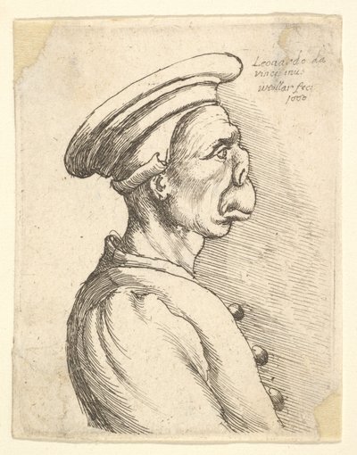 Busto de un hombre con nariz chata y boca prominente, con gorra plana y abrigo abotonado, 1660 de Wenceslaus Hollar