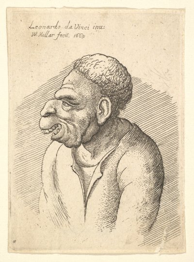 Busto de un hombre con nariz ganchuda, labio superior prominente, boca abierta y cabello corto y rizado, 1665 de Wenceslaus Hollar