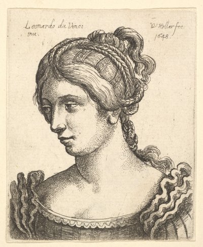 Busto de una mujer mirando hacia abajo a la izquierda con cabello elaboradamente decorado, 1648 de Wenceslaus Hollar