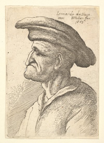 Busto de anciano con nariz que se encuentra con su labio inferior, usando una gorra ancha de Wenceslaus Hollar