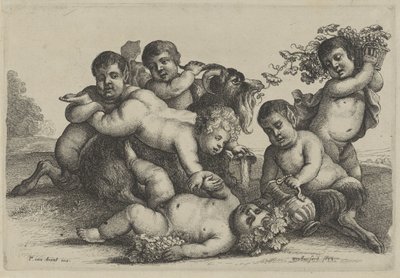 Tres niños pequeños, dos sátiros y una bacante una cabra Putti and Satyrs (título de la serie) de Wenceslaus Hollar