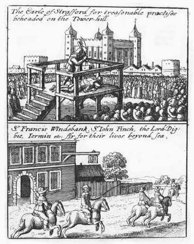 El conde de Stafford decapitado en Tower Hill; Sir Francis Windebank, Sir John Finch y Lord Digby huyen de Inglaterra de Wenceslaus Hollar