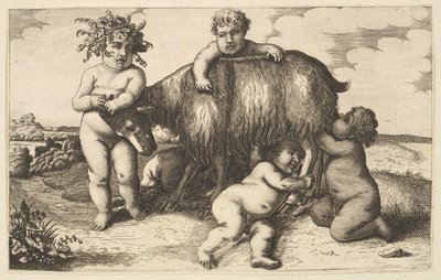 Cuatro niños, un joven sátiro y una cabra (copia inversa) de Wenceslaus Hollar