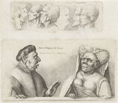 Frisón con Cabezas de Estudio / Caricaturas del Rey y la Reina de Túnez Rex et Regina de Tunis (título sobre objeto) Varie figurae et probae (título de la serie) Caricaturas, cabezas y deformidades después de Leonardo da Vinci (título de la serie) de Wenceslaus Hollar