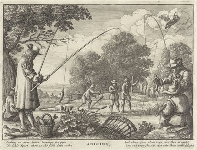 Hengelen Pesca con caña (título en el objeto) Jachtpartijen (título de la serie) Varias formas de caza, venta ambulante y pesca, según la manera inglesa (título de la serie) de Wenceslaus Hollar
