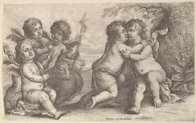 Jesús y San Juan abrazándose, con Querubines de Wenceslaus Hollar