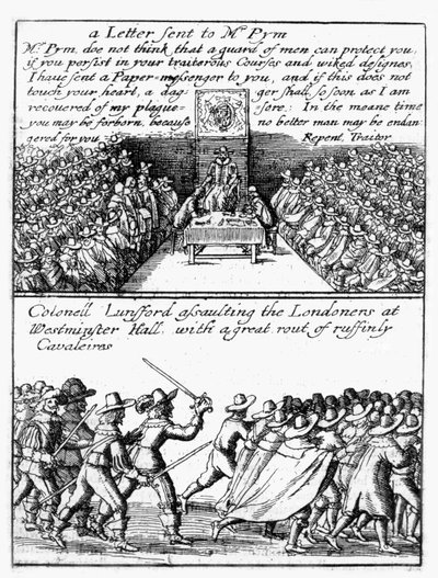 John Pym leyendo una carta en la Cámara de los Comunes; El coronel Thomas Lunsford y sus soldados atacando a los londinenses de Wenceslaus Hollar