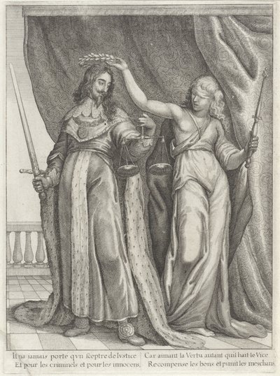 El rey Carlos I de Inglaterra elogiado por Justitia de Wenceslaus Hollar