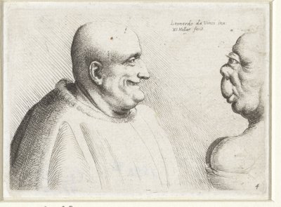 Cabezas de un gran hombre calvo y una mujer grotesca Varie figurae et probae (título de la serie) Caricaturas, cabezas y deformidades después de Leonardo da Vinci (título de la serie) de Wenceslaus Hollar