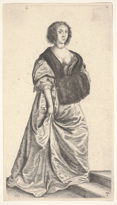 Dama con manguito de piel de pie en dos escalones de Wenceslaus Hollar