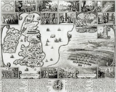 Mapa de la Guerra Civil Inglesa y una vista de Praga, 1632 de Wenceslaus Hollar