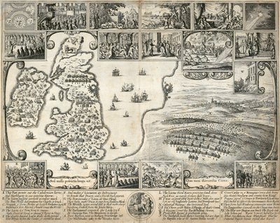 Mapa de las Islas Británicas e ilustraciones de eventos históricos del siglo XVII, c1659 de Wenceslaus Hollar