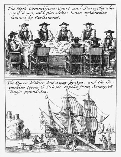Miembros de la Cámara Estelar; La reina Henrietta Maria zarpa de Inglaterra de Wenceslaus Hollar