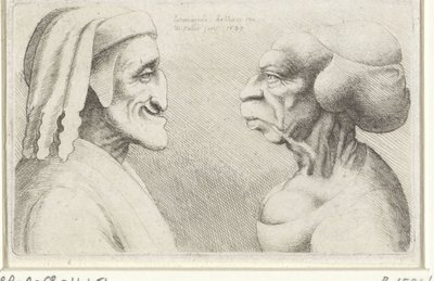 Caricatura de cabezas deformadas de un hombre con sombrero (¿Dante?) y una mujer Varie figurae et probae (título de la serie) Caricaturas, cabezas y deformidades después de Leonardo da Vinci (título de la serie) de Wenceslaus Hollar