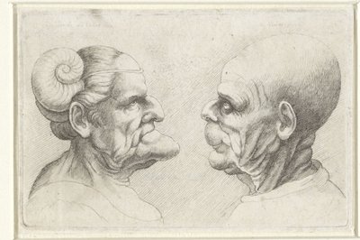 Cabezas deformadas de un hombre y una mujer calvos con cuernos en la cabeza Varie figurae et probae (título de la serie) Caricaturas, cabezas y deformidades después de Leonardo da Vinci (título de la serie) de Wenceslaus Hollar