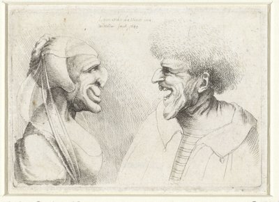 Cabezas deformadas de un hombre y una mujer sonrientes con una gorra en la cabeza Varie figurae et probae (título de la serie) Caricaturas, cabezas y deformidades después de Leonardo da Vinci (título de la serie) de Wenceslaus Hollar