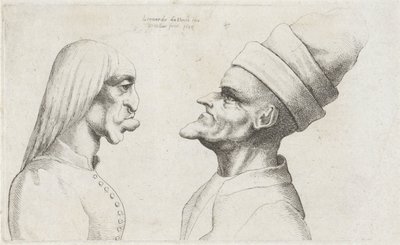 Cabezas deformadas de una mujer con pelo liso y de un hombre con sombrero de doble ala
Varie figurae et probae (título de la serie)
Caricaturas, cabezas y deformidades según Leonardo da Vinci (título de la serie) de Wenceslaus Hollar