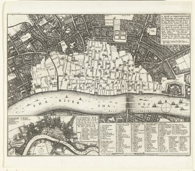 Mapa de Londres después del Gran Incendio de 1666 Un mapa o plano de la ciudad de Londres y los suburbios (...) (título sobre el objeto) de Wenceslaus Hollar