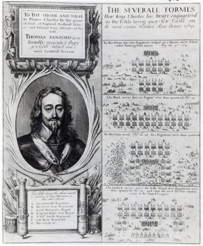 Retrato del Rey Carlos I con diagramas que muestran la formación de sus tropas durante la Guerra de los Obispos, c.1639 de Wenceslaus Hollar