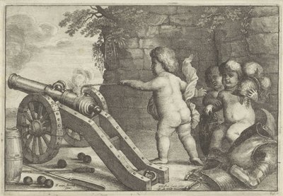 Putti disparando cañones: El elemento del Fuego Los cuatro elementos (título de la serie) de Wenceslaus Hollar