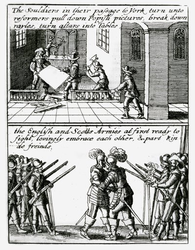 Soldados destruyen imágenes religiosas en una iglesia; soldados ingleses y escoceses se abrazan de Wenceslaus Hollar