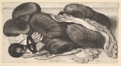Naturaleza muerta con un grupo de manguitos, un par de guantes, abanicos, máscara y dos pañuelos, 1647 de Wenceslaus Hollar