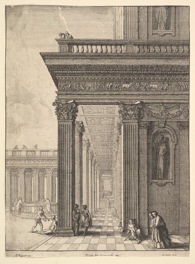 Patio del templo con figuras, después de David Teniers el Viejo, 1625-77 de Wenceslaus Hollar