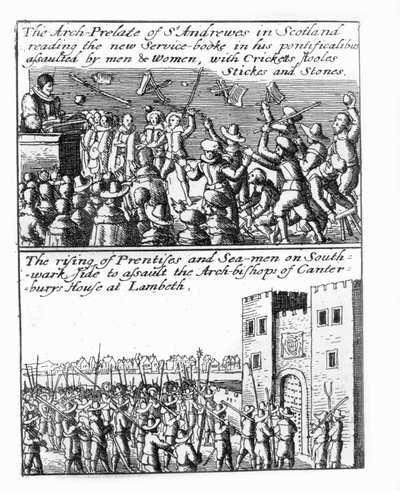El Arzobispo de St Andrews predicando en Escocia; levantamiento de aprendices y marineros en Lambeth Palace de Wenceslaus Hollar