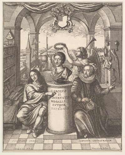La Real Sociedad, frontispicio de Thomas Sprat, La Historia de la Real Sociedad de Londres de Wenceslaus Hollar