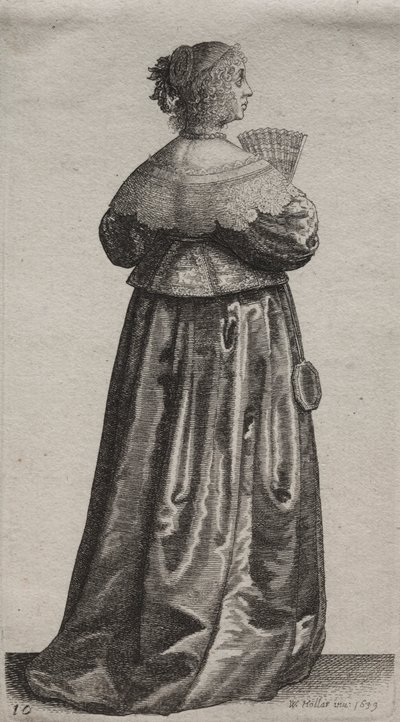 Los Varios Hábitos de las Mujeres Inglesas, desde la Nobleza hasta las Mujeres del Campo en estos tiempos: La Mujer con Abanico y Espejo de Wenceslaus Hollar
