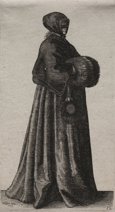 Los Varios Hábitos de las Mujeres Inglesas, desde la Nobleza hasta las Mujeres del Campo en estos tiempos: La Mujer con Máscara, Capucha y Manguito de Wenceslaus Hollar