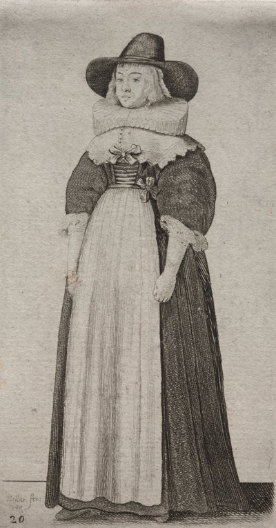 Los Varios Hábitos de las Mujeres Inglesas, desde la Nobleza hasta las Mujeres del Campo en estos tiempos: La Mujer con Sombrero Masculino y Corsé con Cintas de Wenceslaus Hollar
