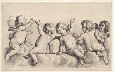 Tres querubines y dos niños en las nubes, 1620-77 de Wenceslaus Hollar