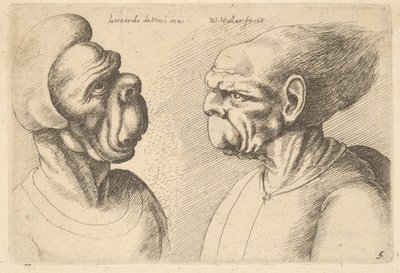 Dos cabezas deformadas mirando hacia adentro, 1625-77 de Wenceslaus Hollar
