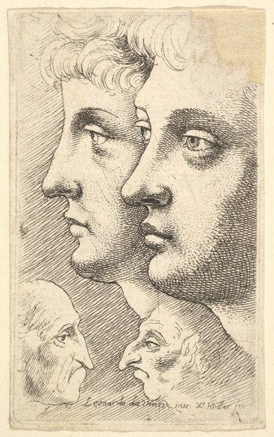 Dos jóvenes de perfil a la izquierda con dos cabezas grotescas enfrentadas abajo, 1625-77 de Wenceslaus Hollar